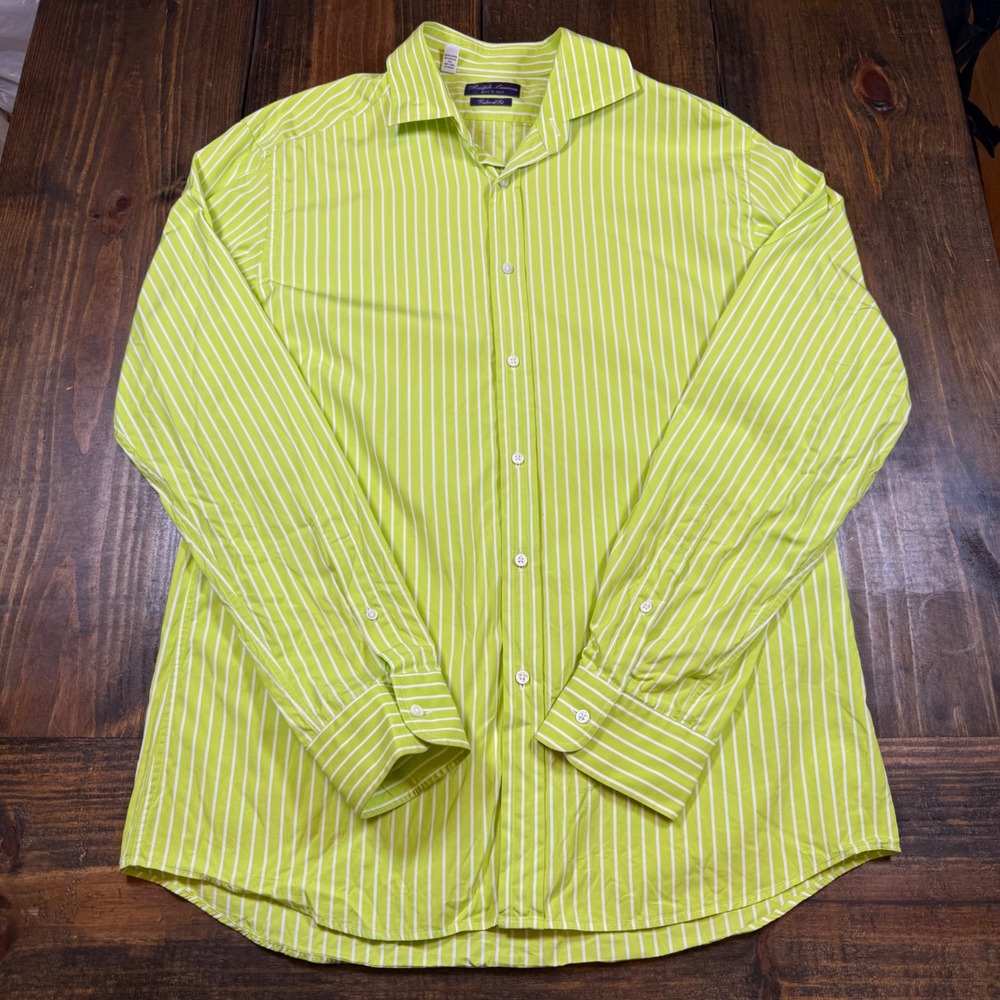 Ralph Lauren Purple Label Mens 17 Tailored Fit Striped Shirt Lime Green Italy